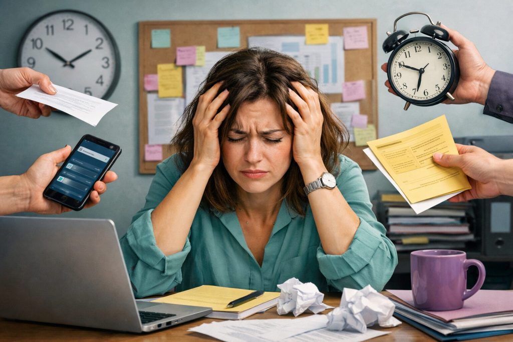 Donna realistica con espressione stressata e sovraccarico mentale alla scrivania